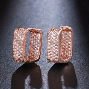 Rectangular Zircon Hoops Rose Gold Tone with Lots of Bling #1418